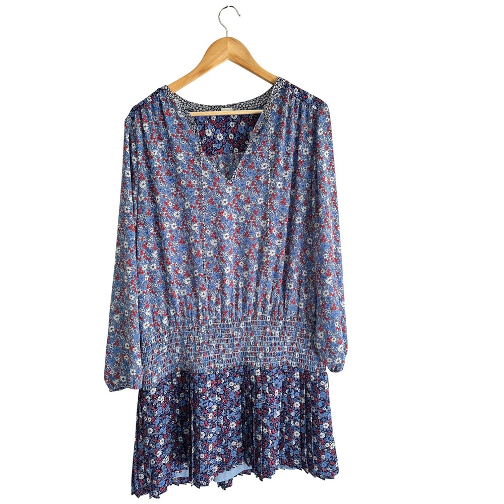Gap Floral Smocked Long Sleeve Pleated Hem Mini Dress Large Boho Prairie Blue